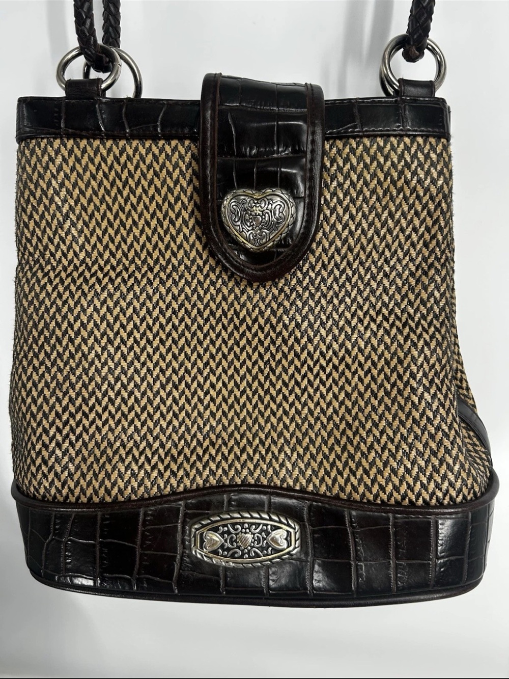 Vtg Marlo/Brighton Look Women's Woven Leather Trim Shoulder Bag with Charm Brown